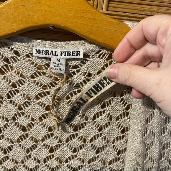 Moral fiber Long Knit Cardigan in light greige Medium NWT open knit duster boho - Picture 2 of 6